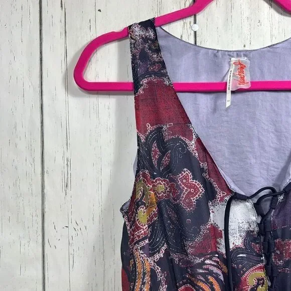 Free People Boho Paisley Print Mini Dress Lace Up Sleeveless Festival Indie - Picture 3 of 16